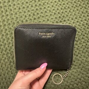 kate spade black zip-around Saffiano coin wallet with key ring